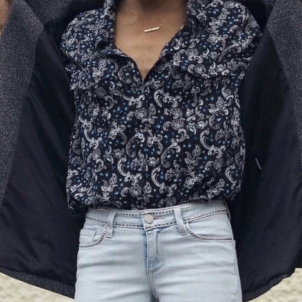 PAIGE Black Blue White Paisley Print Long Sleeve Lightweight Rayon Button Down